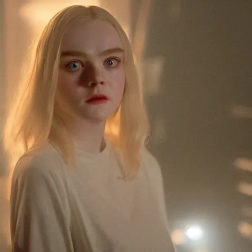 Prompt: Elle Fanning in a slasher film in the world of Edward Hopper, stormy weather, extremely detailed masterpiece, oil on canvas, low-key neon lighting, artstation, Blade Runner 2049, Roger Deakin’s cinematography, by J. C. Leyendecker and Peter Paul Rubens,