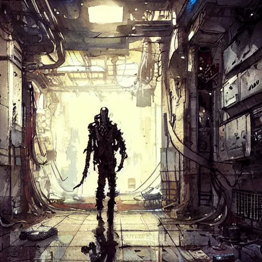 Image similar to Octopus in a hallway, cyberpunk, realistic, detailed, Industrial Scifi, paint, watercolor, in the style of Ashley Wood and Wadim Kashin