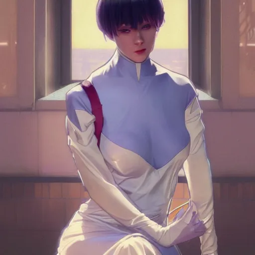 Image similar to a vivid hyperrealistic render of Rei Ayanami wearing silk dress, by Artgerm,Greg Rutkowski,Alphonse Mucha, Beautiful dynamic lighting,shadows,cinematic atmosphere,Artstation,concept design art,Octane render,8K