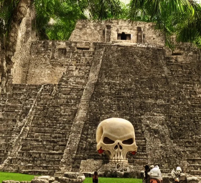 Image similar to mayan temple in form of punisher skull. background jungle