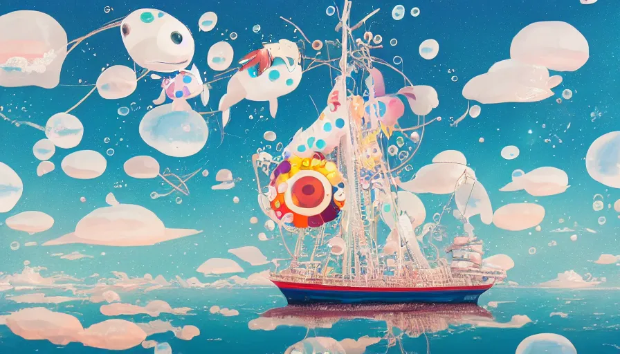 Prompt: a sailing ship in the sea with bubbles floating and a whale in the sky by takashi murakami,, beeple and james jean, aya takano color style, 4 k, super detailed, night sky, digital art, digital painting, celestial, majestic, colorful