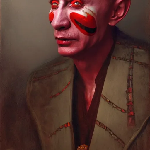 Image similar to vladimir putin, is a jester, circus performance, red clown nose, fantasy 3 d render, masterpiece, by donato giancola and greg rutkowski and wayne barlow and zdzisław beksinski, realistic face