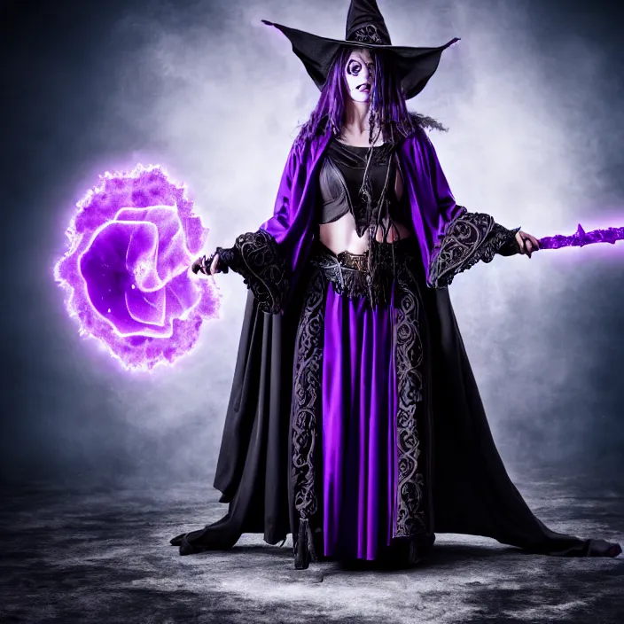 Image similar to professional photograph of a real - life beautiful elemental darkness witch with ornate purple and black robes and staff. extremely detailed. 8 k