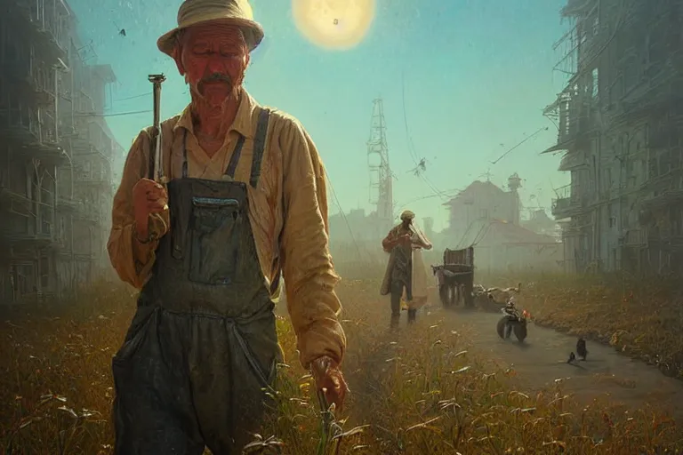 Image similar to A solarpunk very highly detailed farmer with very highly detailed face on the street of a very highly detailed smooth solarpunk city digital rational painting art by Greg Rutkowski, sci-fi highly detailed, digital concept art, Dimensional cyan gold natural light, sharp focus, Golden Ratio illustration, realistic concept art by Stephen Hickman and James Gurney and Hiromasa Ogura Ghost in the Shell rendered in Octane Render, From the distance