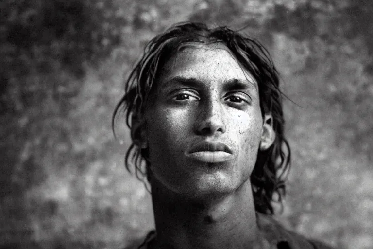 Prompt: a cinematic!! headshot photograph!! of a male, stood in a factory, dirt, film still, cinematic lighting, by bill henson