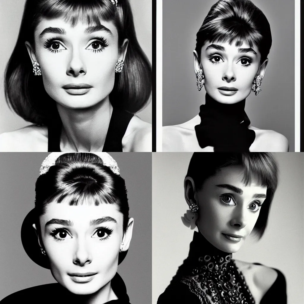Prompt: portrait of a beautiful 20-year-old Audrey Hepburn by Mario Testino, headshot, 1980s hairstyle, detailed, award winning, Sony a7R