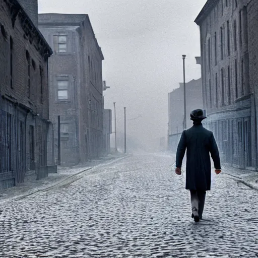 Image similar to thomas shelby walking down an empty street