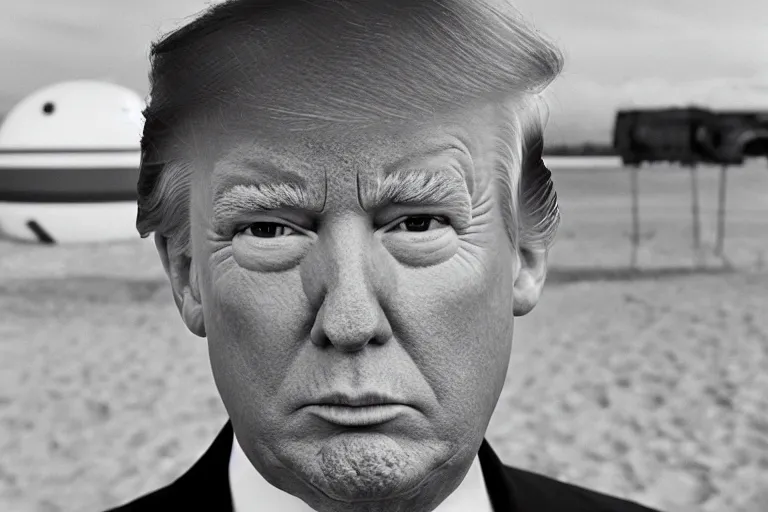 Image similar to closeup portrait of donald trump at a beach resort with a nuclear warhead in the background, natural light, sharp, detailed face, magazine, press, photo, steve mccurry, david lazar, canon, nikon, focus