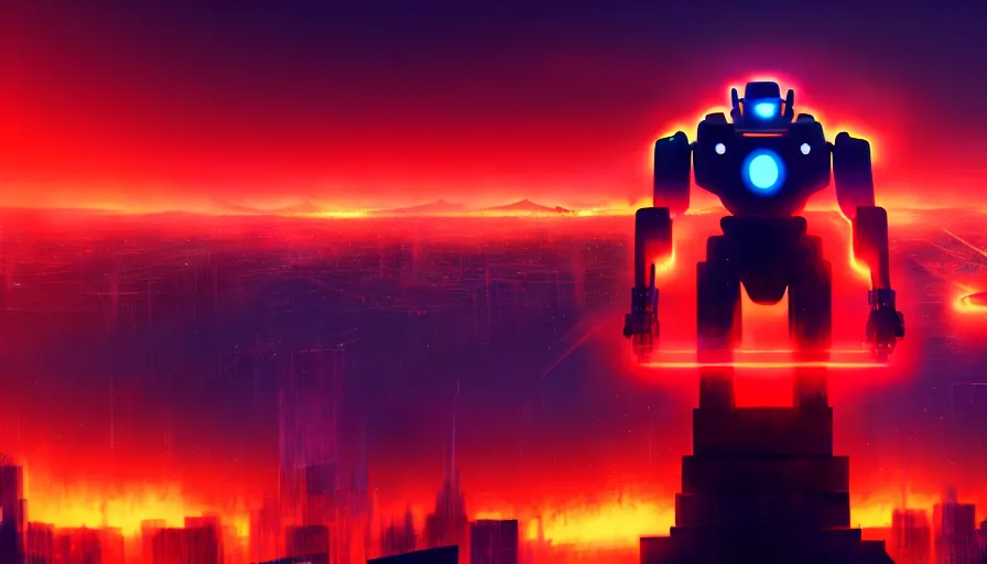 Prompt: giant robot with ominously glowing red eyes stands on top of city that is on fire, concept art by jama jurabaev, cinematic shot, trending on artstation, high quality, brush stroke, hyperspace, vibrant colors