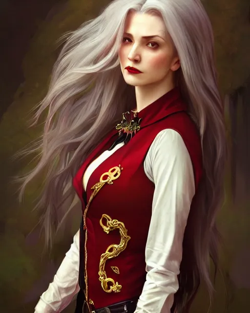 Image similar to female queen vampire, perfect face, gold waistcoat, red shirt, long grey hair, red necktie, cinematic, stunning, highly detailed, digital painting, artstation, smooth, hard focus, illustration, art by artgerm and greg rutkowski and alphonse mucha