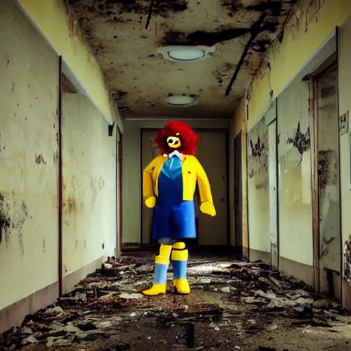 Image similar to ronald mcdonald in an abandoned hospital