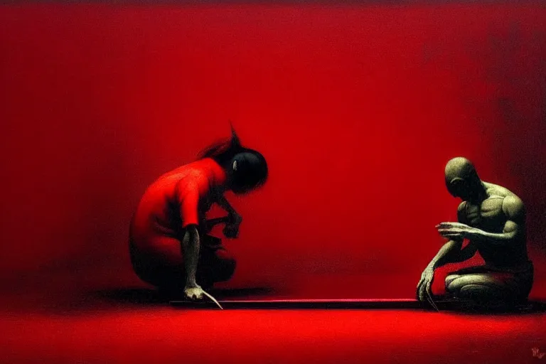 Image similar to only with red, a red samurai do seppuku, tokio, a lot of frogs watch, in the style of beksinski, parts by edward hopper, parts by rodcenko, parts by yue minjun, intricate and epic composition, red by caravaggio, insanely quality, highly detailed, masterpiece, red light, artstation, 4 k