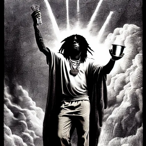 Image similar to chief keef ascending into heaven holding cup of lean and blunt, smoke surrounding subject, biblical image, style of gustave dore, highly detailed, beautiful, high contrast