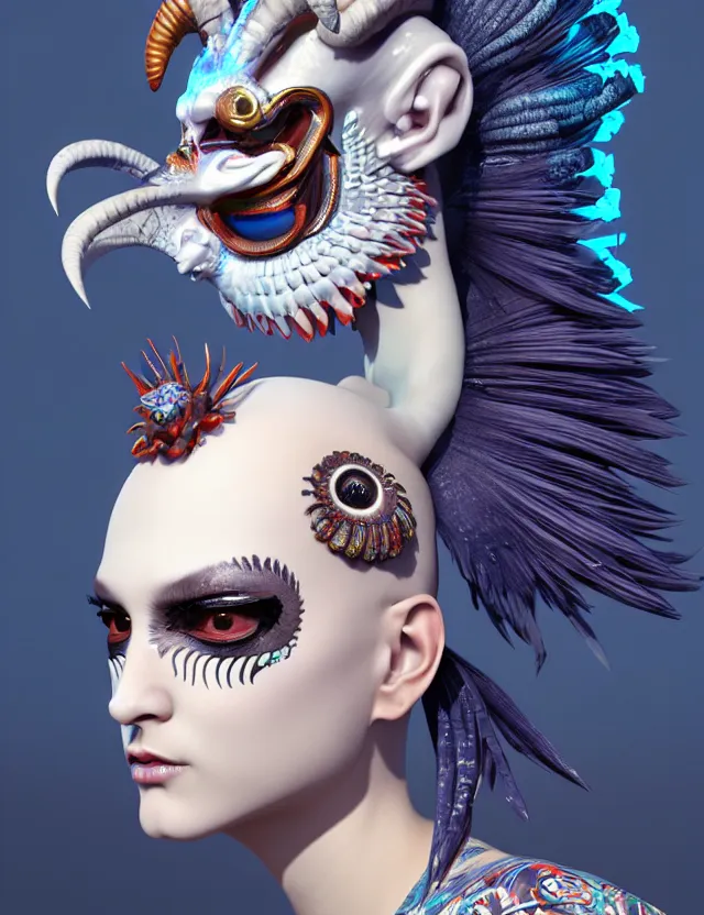 Image similar to 3 d goddess close - up profile portrait russian punk with mohawk with ram skull. beautiful detailed japanese crow kitsune mask and clasical japanese kimono. betta fish, jellyfish phoenix, bio luminescent, plasma, ice, water, wind, creature, artwork by tooth wu and wlop and beeple and greg rutkowski