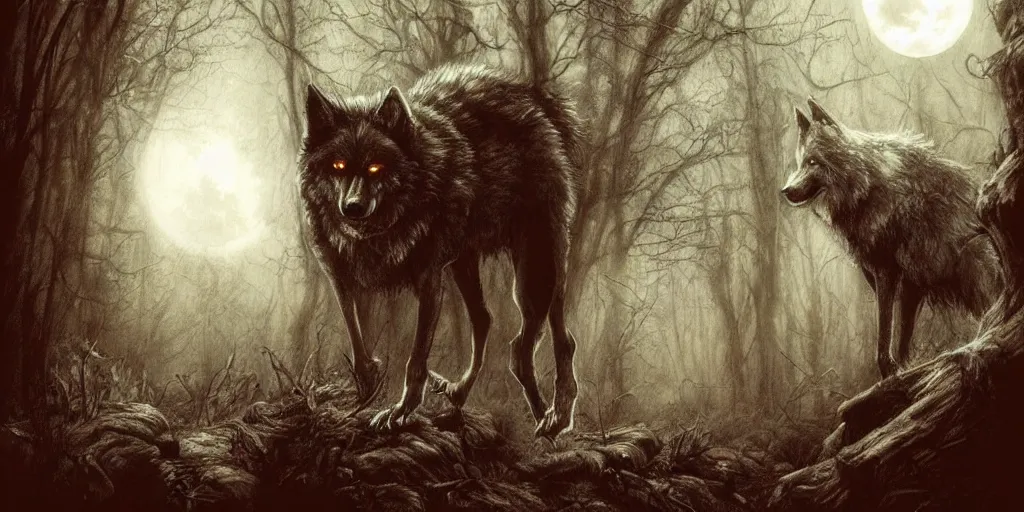 Prompt: huge wolf in the forest, night, moonlight, scary, stunning, detailled, by luis royo, by pixar, by myazaki, gothic, final fantasy, fantasy, medieval