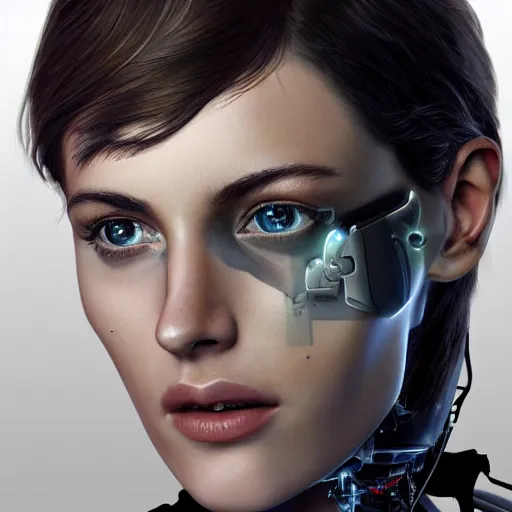 Image similar to A detailed, super sharp, no blur, top-rated digital painting of a human face, highly realistic and lifelike, with a bionic / cybernetic implants, by an award winning artist on deviantart, pixiv or artstation