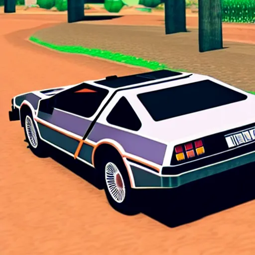 Image similar to back to the future delorean driving in old west, nintendo 6 4 screenshot, low poly, aliased