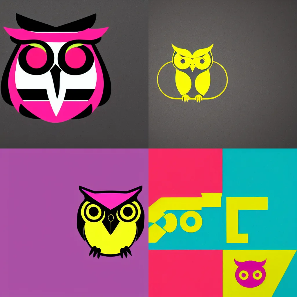 Prompt: A yellow and magenta minimalist logo of an owl, created by The Designers Republic, y2k style