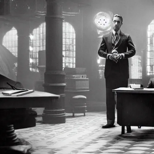Image similar to a highly detailed cinematic photo from a live - action bioshock movie. andrew ryan, portrayed by ryan gosling, is shown standing in a 1 9 3 0's office with a large desk in front of a floor - to - ceiling window looking out onto the underwater city of rapture shining in the distance, several fish are shown outside of the window