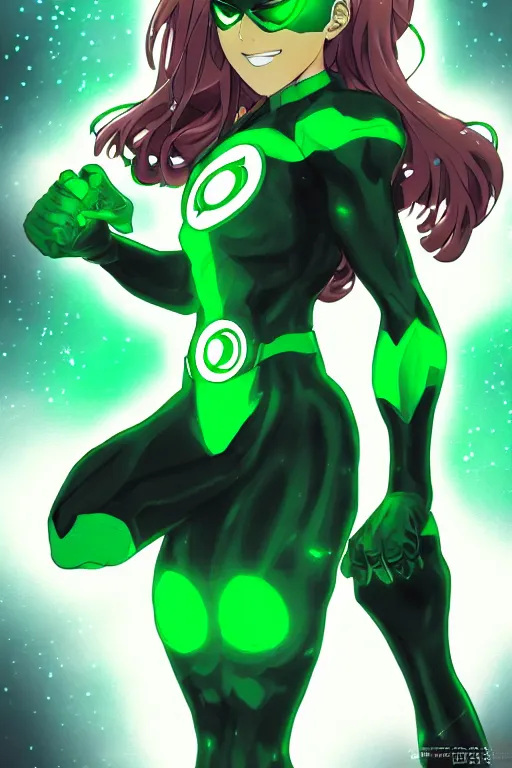 Image similar to anime key visual of a beautiful female green lantern, intricate, glowing accents, powers, glowing ring, speed, goddess, dc comics, cinematic, stunning, highly detailed, digital painting, artstation, smooth, hard focus, illustration, character concepts by senior concept artist