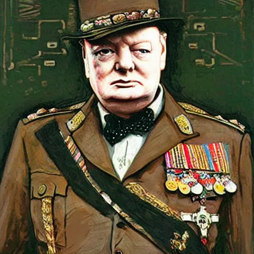 Prompt: winston churchill dressed in cuberpunk military gear. Epic portrait by james gurney and Alfonso mucha.