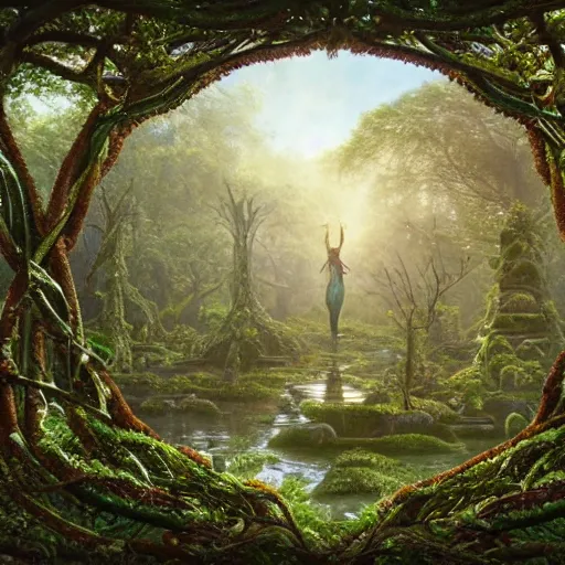 Prompt: a beautiful and highly detailed matte painting of a wooden elven temple in a magical fantasy garden in a lush forest, celtic knots, ancient runes, knotted trees, tangled vines, intricate details, epic scale, insanely complex, 8 k, sharp focus, hyperrealism, very realistic, by caspar friedrich, albert bierstadt, james gurney, brian froud,