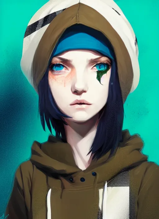Prompt: highly detailed portrait of a sewer punk lady student, blue eyes, burberry hoody, hat, white hair by atey ghailan, by greg tocchini, gradient green, black, brown, cream and blue color scheme, grunge aesthetic!!! ( ( graffiti tag wall, plain white background ) )