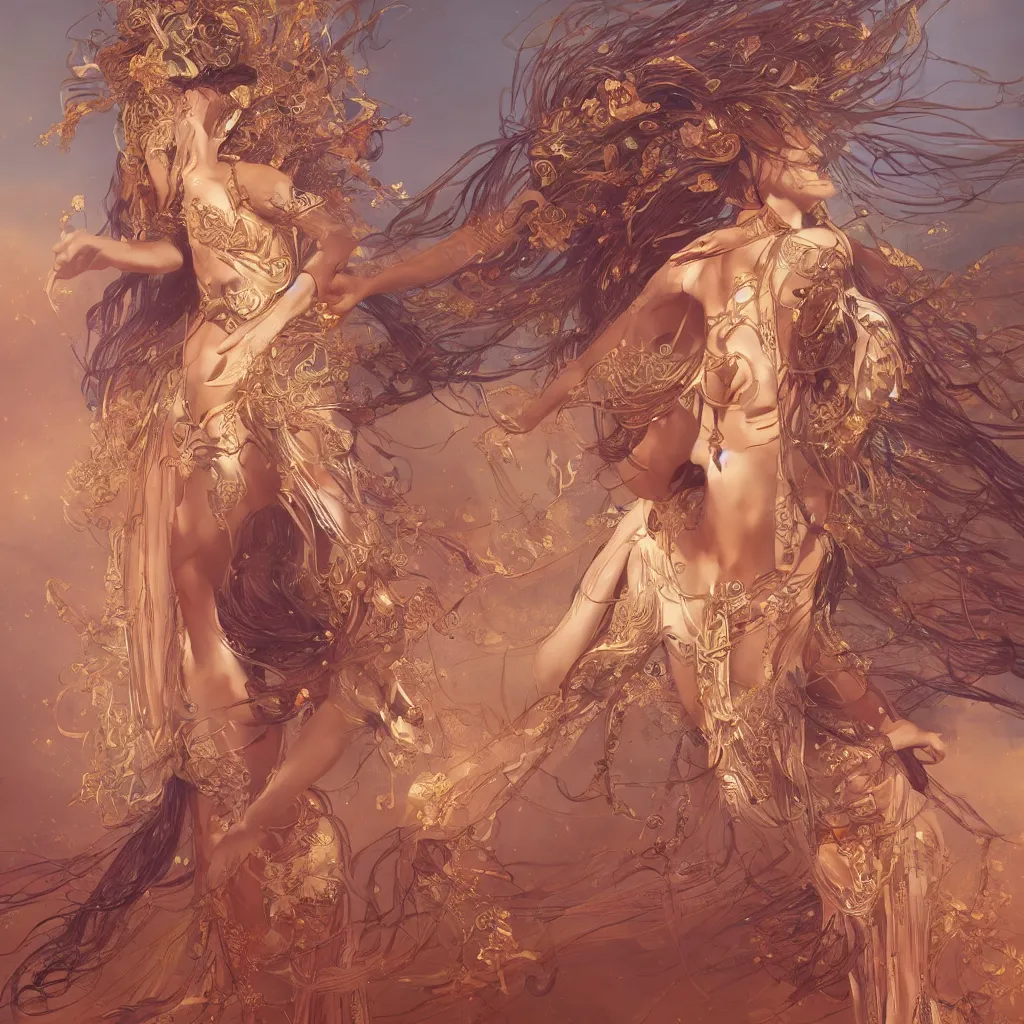 Image similar to glowing goddess dancing in the desert, professional models, symmetrical face, fantasy, surreal, intricate and very beautiful and elegant, highly detailed, digital painting, trending on artstation, concept art, smooth and sharp focus, illustration, art by tan zi and ayanamikodon and alphonse mucha and wlop