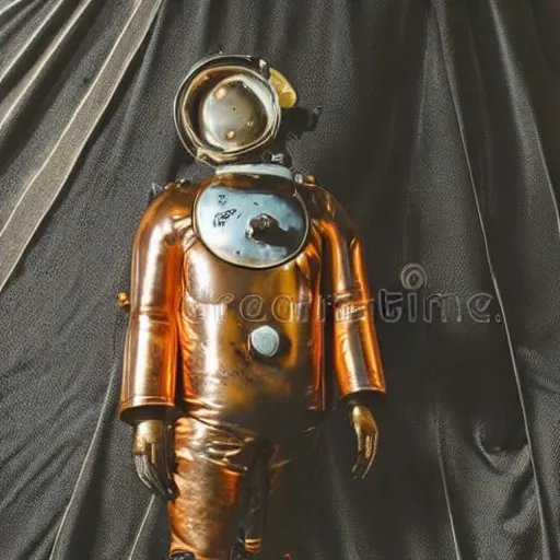 Image similar to detailed photo of an early diving suit with copper helmet diver holding an electric guitar on the moon. old diving suit pictures. old diving suit. early diving suit. old diving suit stock photos. detailed