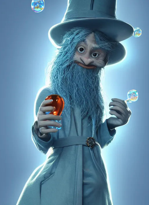 Image similar to an anthropomorphic beautiful male wizard blowing giant bubbles wearing blue robe, fine art, award winning, intricate, elegant, sharp focus, octane render, hyperrealistic, wizard hat cinematic lighting, highly detailed, digital painting, 8 k concept art, art by jamie hewlett and z. w. gu, masterpiece, trending on artstation, 8 k