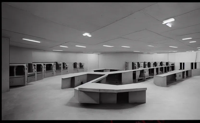 Prompt: Interior shot of a secret brutalist concrete bunker with computers and with glossy concrete floor by stanley kubrick, shot by 35mm film color photography