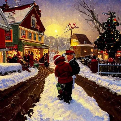 Image similar to painting of Snowy small town during Christmastime, quaint, twinkle lights, Norman Rockwell style, Greg Rutoski, oil on canvas, highly detailed