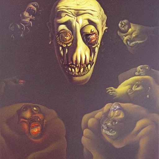 Image similar to oil painting with black background by christian rex van dali todd schorr of a chiaroscuro portrait of an extremely bizarre disturbing mutated man with acne intense chiaroscuro obscuring features lighting perfect composition masterpiece