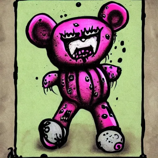 Prompt: dark art cartoon grunge drawing of a pink teddy bear playing with toys with bloody eyes by tim burton - loony toons style, horror theme, detailed, elegant, intricate, trending on art station