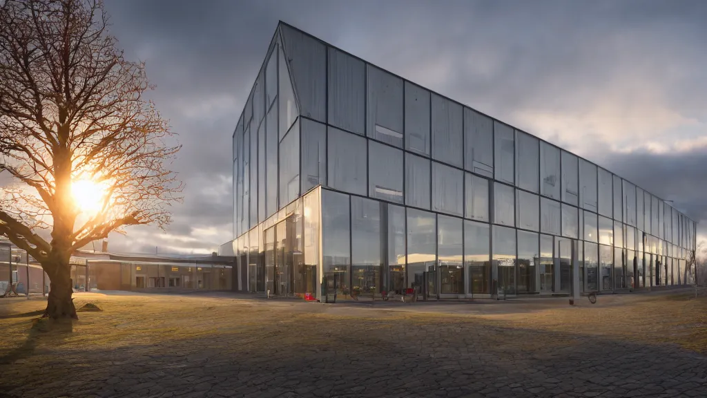 Image similar to reykjavik junior college, sunset lighting, rim light, hyper realistic, cinematic frame
