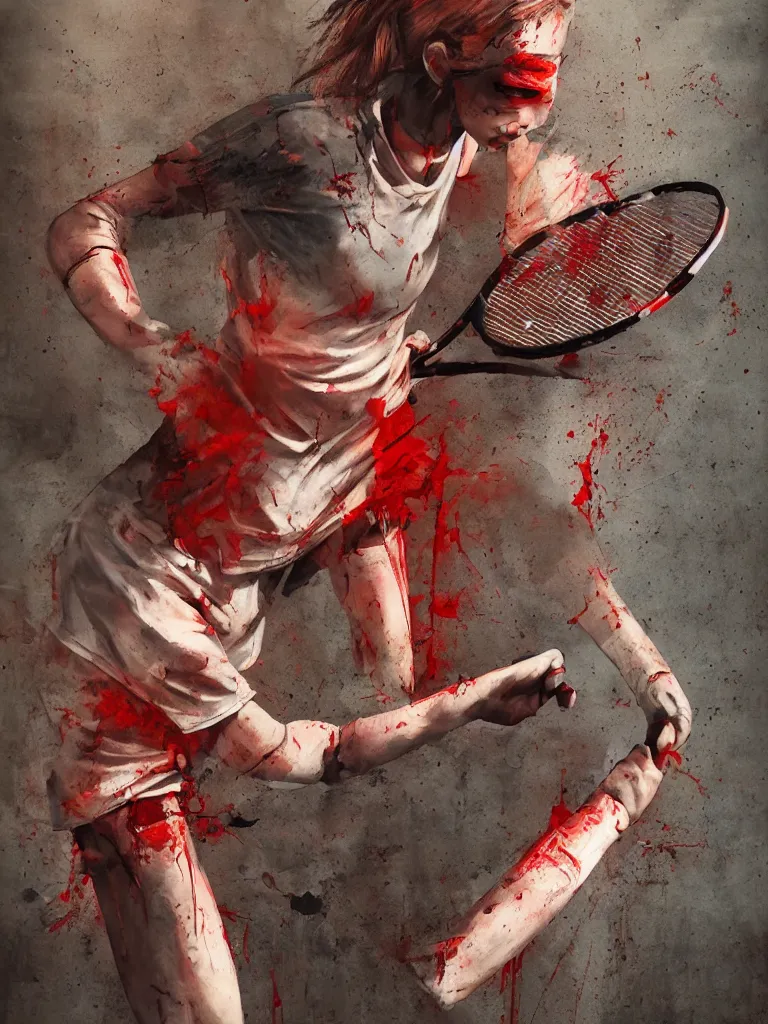 Image similar to young adult woman playing tennis, cyberpunk, painful, cardboard, blood stains on shirt, blood on tennis court, bleeding audience, illustration, traditional drawing style, dramatic mood, textured canvas, highly detailed, fine art, melancholic art, oil pastels, 8 k render octane high definition cgsociety