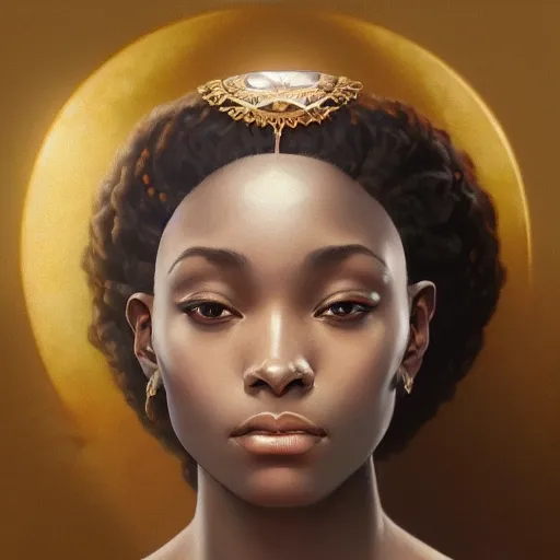 Image similar to 3 / 4 view portrait of an african moon goddess, with white skin, intricate, elegant, highly detailed, digital painting, artstation, concept art, smooth, sharp focus, illustration, art by artgerm and greg rutkowski and alphonse mucha and william - adolphe bouguereau