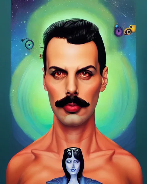 Prompt: lovecraftian portrait of freddie mercury, pixar style, by tristan eaton stanley artgerm and tom bagshaw