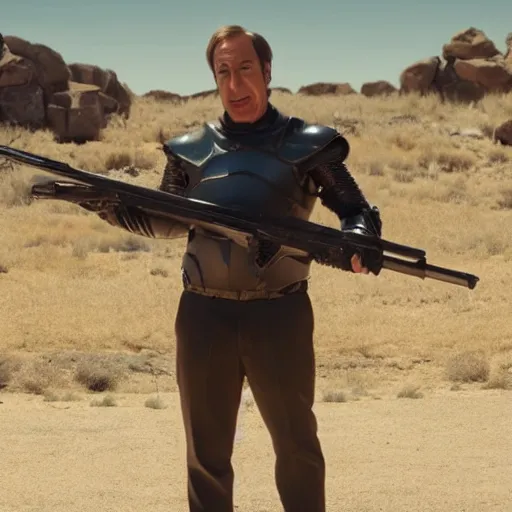 Prompt: Movie still of Saul Goodman wearing futuristic futuristic futuristic armour while holding a shotgun, highly detailed, 4k