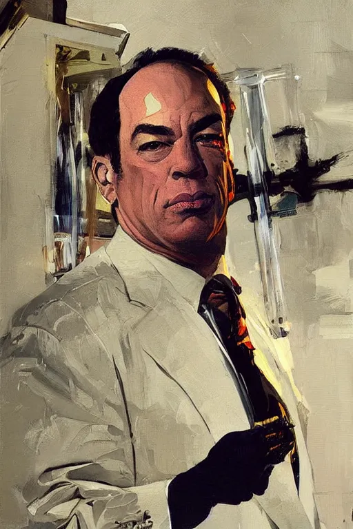 Image similar to jon taffer immersed in sludge, painting by jc leyendecker!! phil hale!, angular, brush strokes, painterly, vintage, crisp