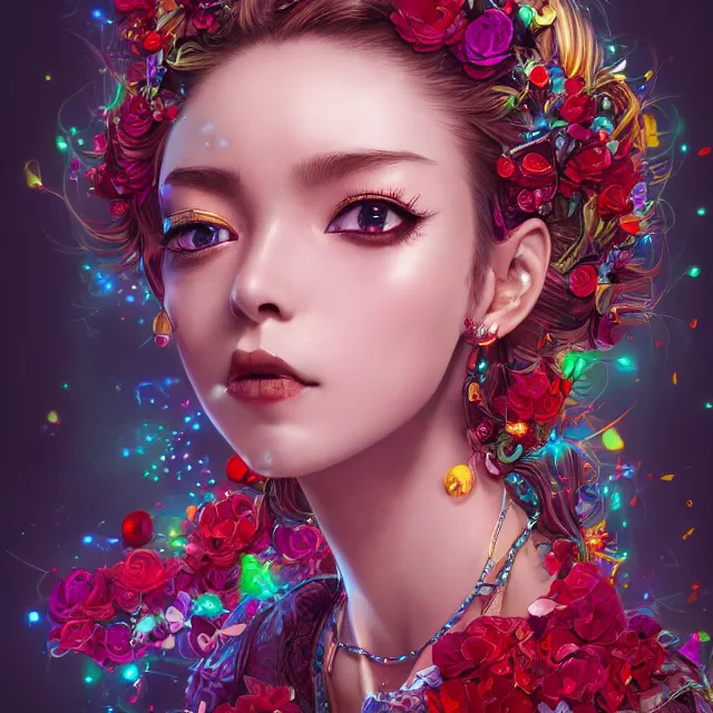 Prompt: studio portrait absurdly beautiful, elegant, lovely, young hypercolorful sensual anime woman rubies red petals gems, ultrafine hyperrealistic detailed face illustration by kim jung gi, irakli nadar, intricate linework, sharp focus, bright colors, matte, octopath traveler, final fantasy, unreal engine highly rendered, global illumination, radiant light, intricate rainbow environment