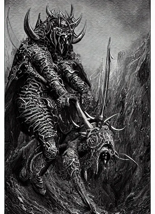 Image similar to the demon nebiros is supposedly the most valiant marquess of hell, and has nineteen legions of demons under his command, digital illustration in a mixed style of serhiy krykun and ken taylor, inspired by gustave dore, intricate, hyper detailed, stunning inking lines, 4 k, hd, award winning, photorealistic