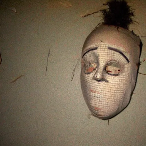 Image similar to found footage of floating mask in abandoned house. grainy creepy, children illustration.