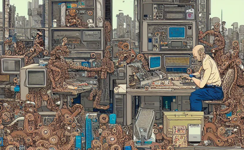 Image similar to hyper-detailed, intricate, illustration of a computer lab scientist discovering AI sentience, cyberpunk, in the style of Geof Darrow