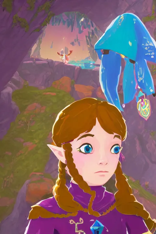 Image similar to an in game portrait of madeline from celeste in the legend of zelda breath of the wild, breath of the wild art style.