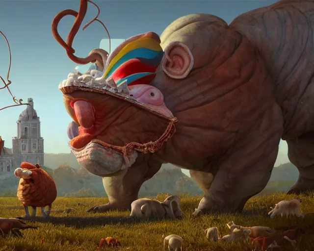 Image similar to of a very beautiful scene. processing block environment. a sweet fat old woman is in love with a huge, colorful and ugly string puppet. hyper realistic. 4 k. wide angle. in the baroque style. wild. symmetrical face, red mouth, blue eyes. deep focus, lovely scene. processing block environment. concept art. unreal engine.