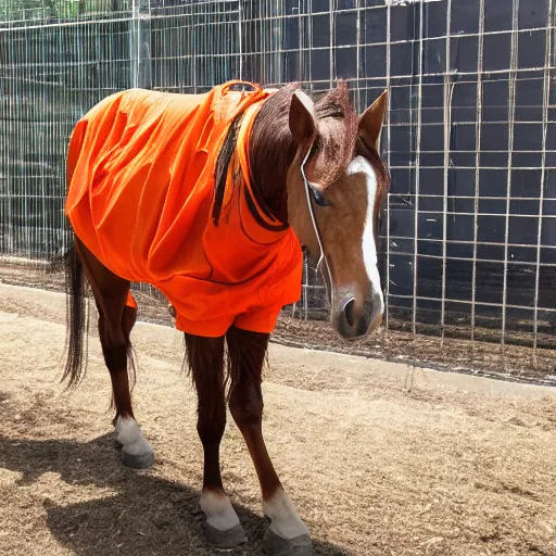 Image similar to horse with orange inmate clothes, in a jail