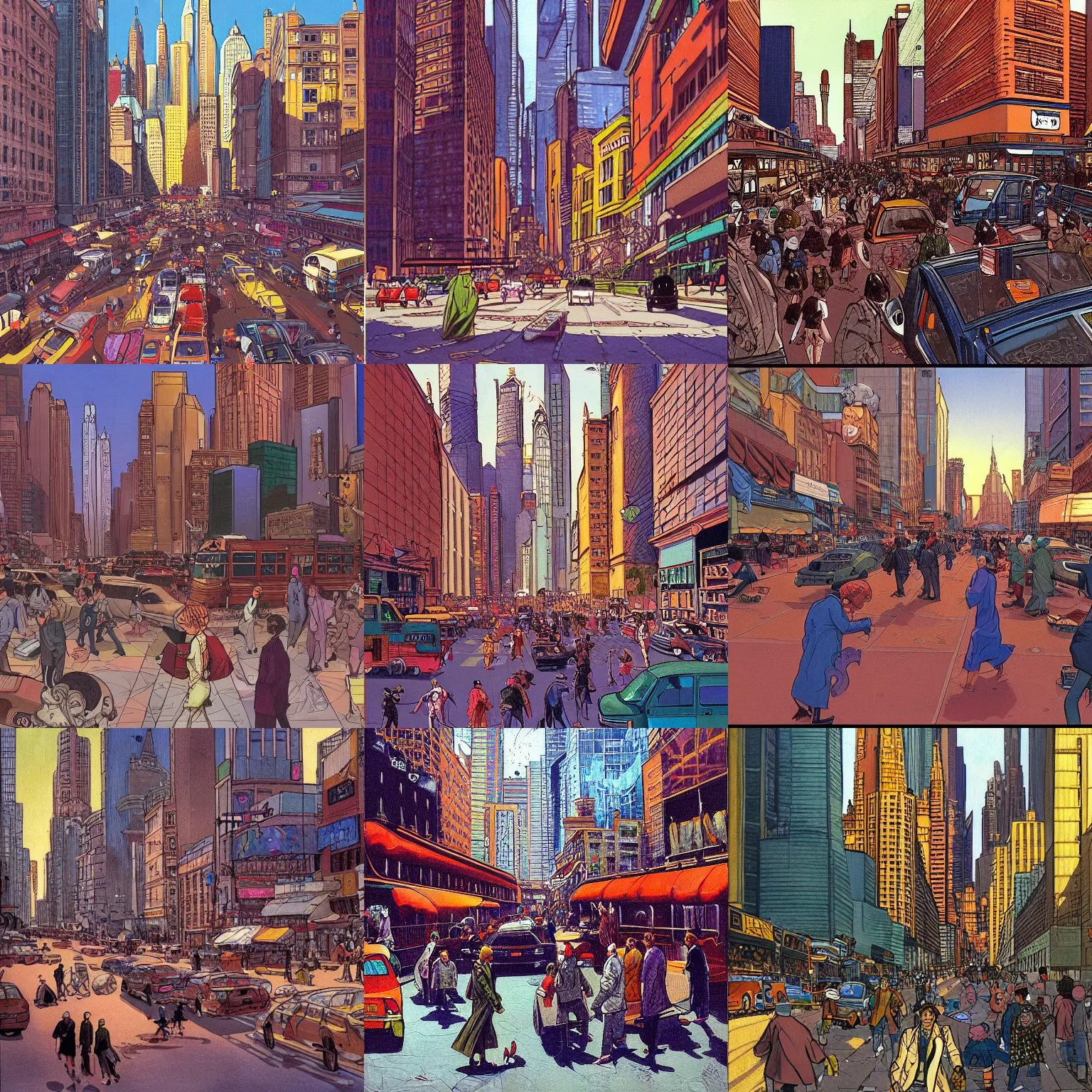 Prompt: a painting of a chaotic morning in the bustling city, in the iconic style of moebius