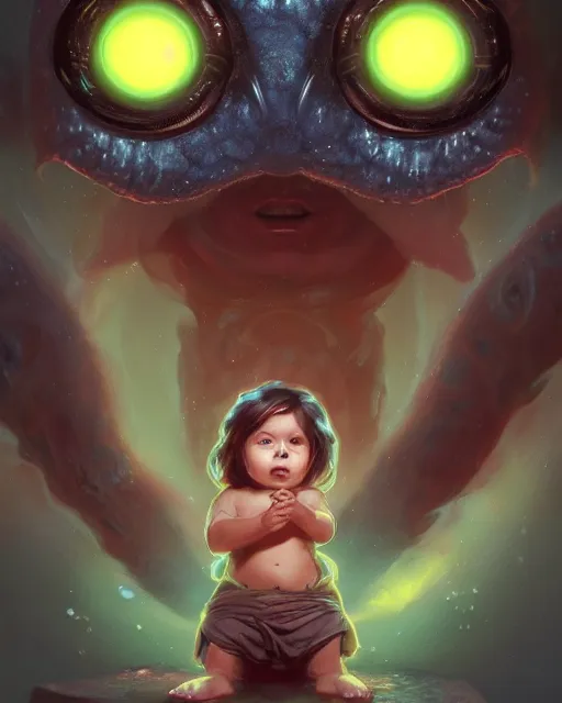 Image similar to one signular portrait of a cute bioluminescent baby creature with big glowing eyes, highly detailed, digital painting, cinematic, hyper realism, dark retrowave, art by Stanley Lau and Artgerm and magali villeneuve and Alphonse Mucha, artstation, octane render, cgsociety