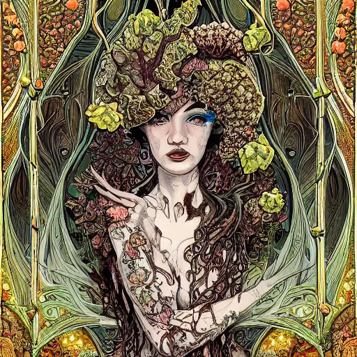 Image similar to a beautiful detailed front view portrait of a rotten woman corpse with fractal plants and fractal flowers and mushrooms growing around, intricate, symmetrical, ornate, ornamentation, illustration, in the style of art nouveau